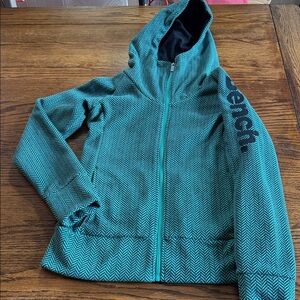 Y2K Streetwear Bench Logo Zip Hoodie Teal Herringbone Skate Jacket